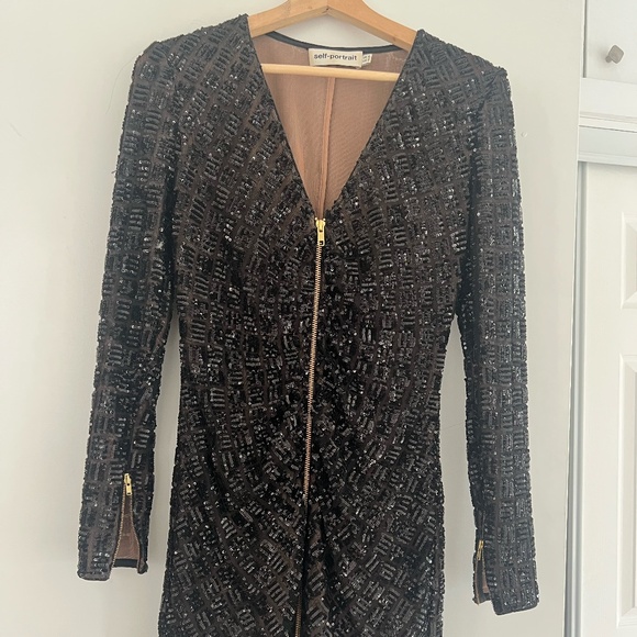 Self-Portrait Black Sequined Zipper Mini Dress with Long...